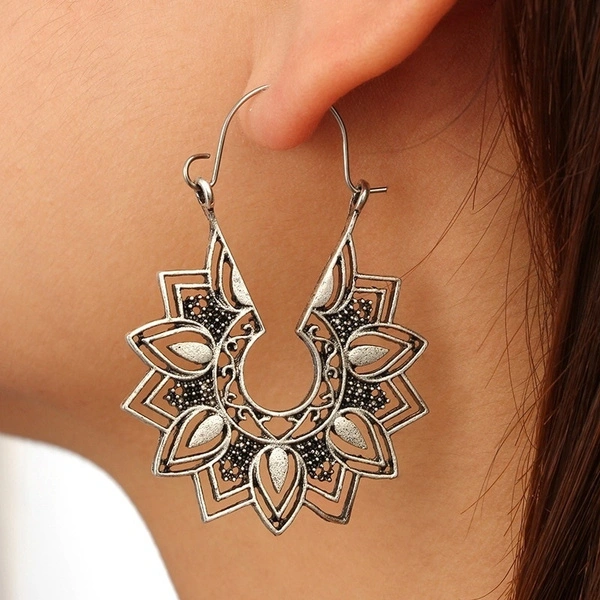 Mandala Hoop Earrings Vintage Ethnic Tribal Hollow Flower Dangle Drop Earrings Boho Geometric Jewelry