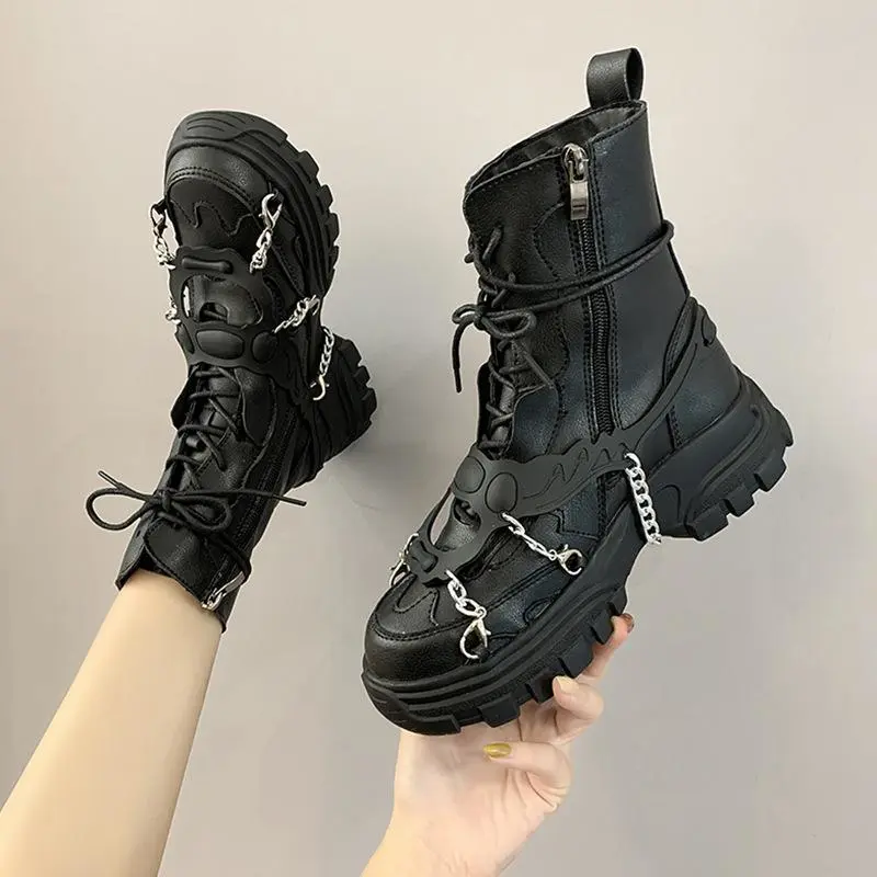 PU Leather Women Boots Mid Heel Lace Up Ankle Boots Black Gothic Women Shoes Autumn Sexy Chain Motorcycle Boots