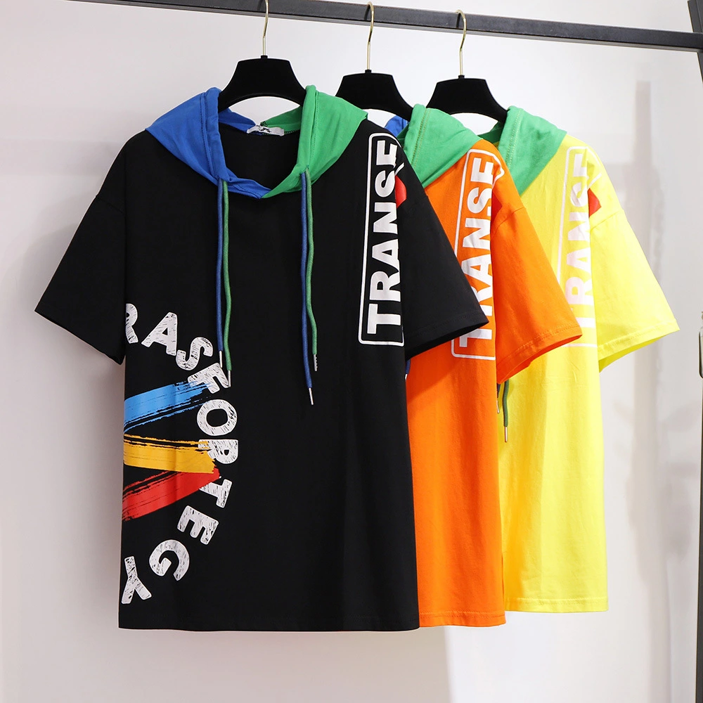 Plus Size Women's Fat Sister Summer Hooded Short-sleeved T-shirt Loose Colorblock Graffiti Top