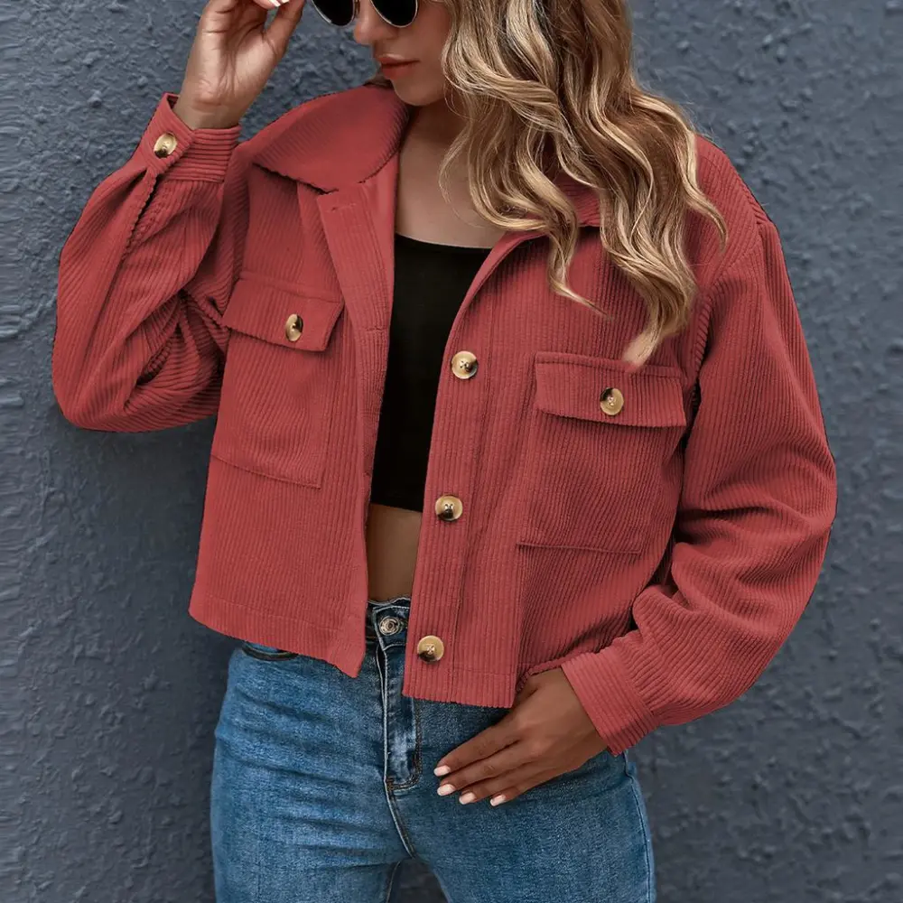 Long Sleeve Shirt Coat Women Pockets Turn-down Collar Corduroy Jacket Female Outerwear