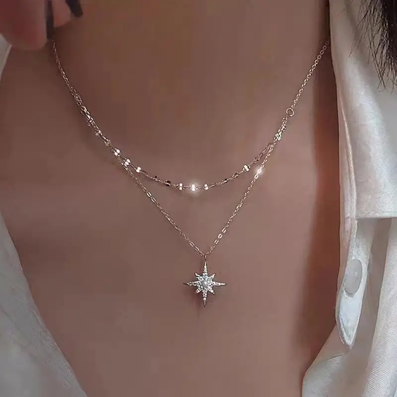 Elegant Romantic Hexagram Pendant Double Layer Chain Necklaces for Women Clavicle Chain Chocker Luxury Wedding Neck Jewelry Gifts