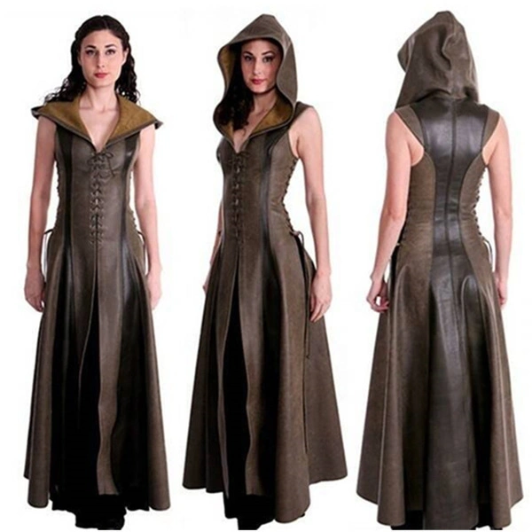 Women Archer Cosplay Costume with Hooded Faux Leather Long Dress Sleeveless Medieval Adult Halloween Costume Warrior Suit