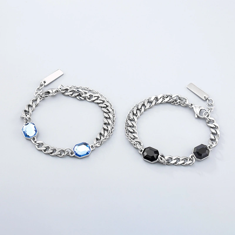 Titanium Steel Chain Stitching Blue Black Double Crystal Bracelet