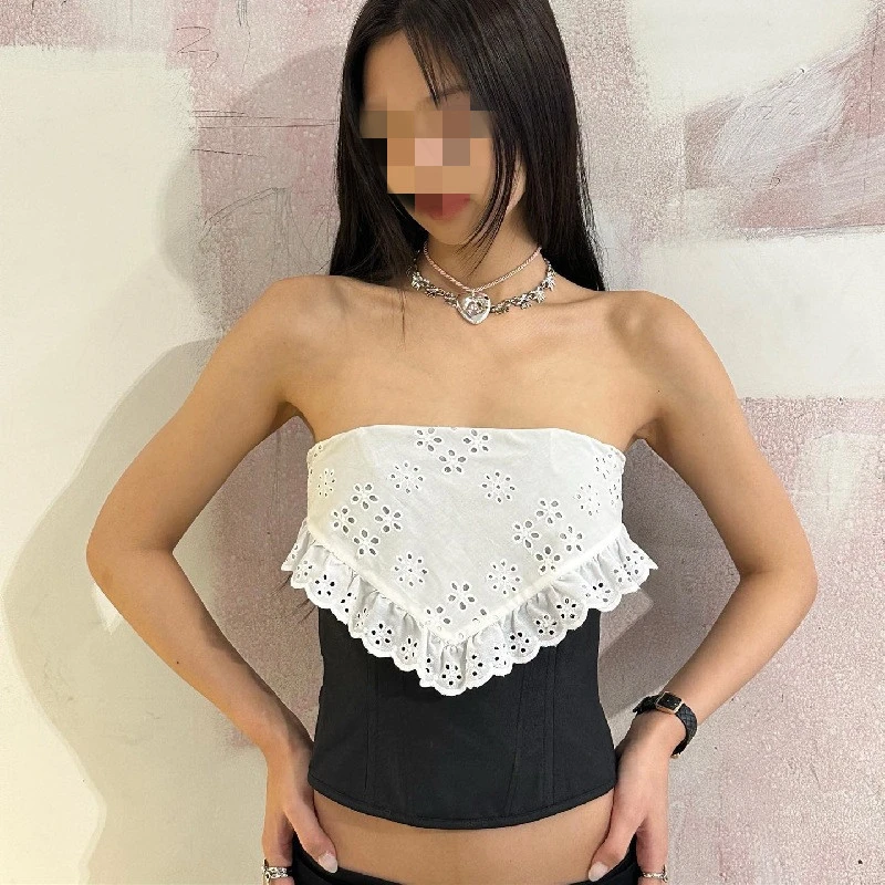 Hollow Contrast Color Outerwear Tube Top Short Vest Women