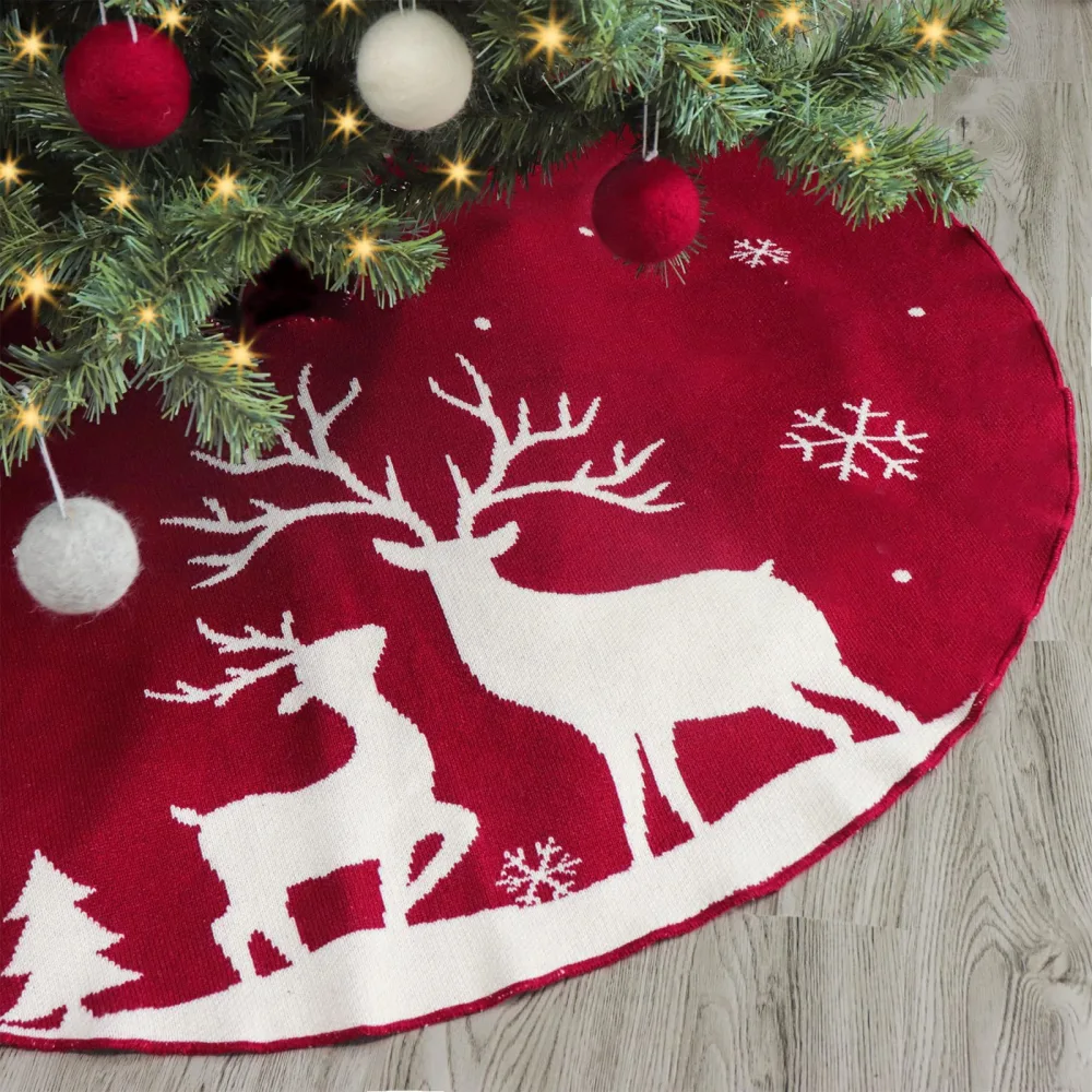 Christmas Tree Base Apron Elk Snow Scenery Knitted Tree Skirt