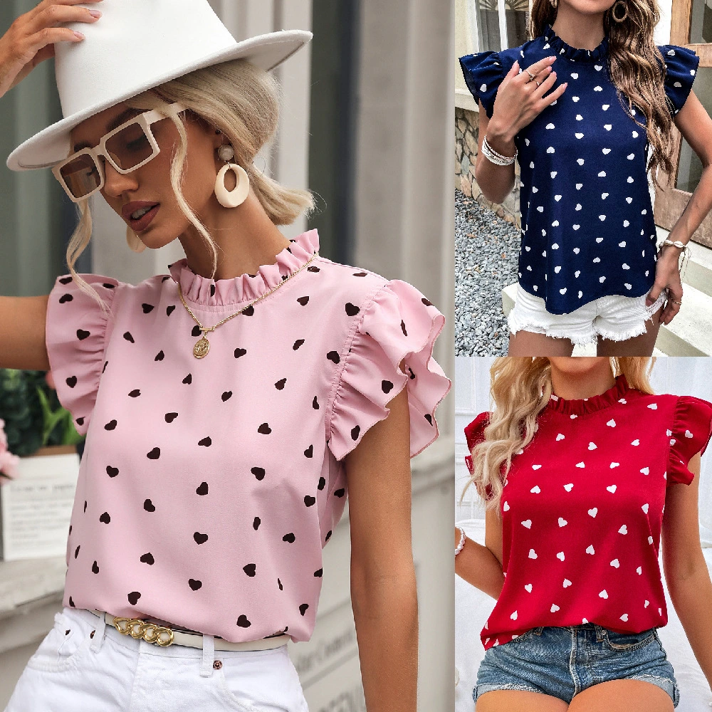 Women's European And American INS Fashion Casual Ruffled Short Sleeves Round Neck Polka Dot Shirt