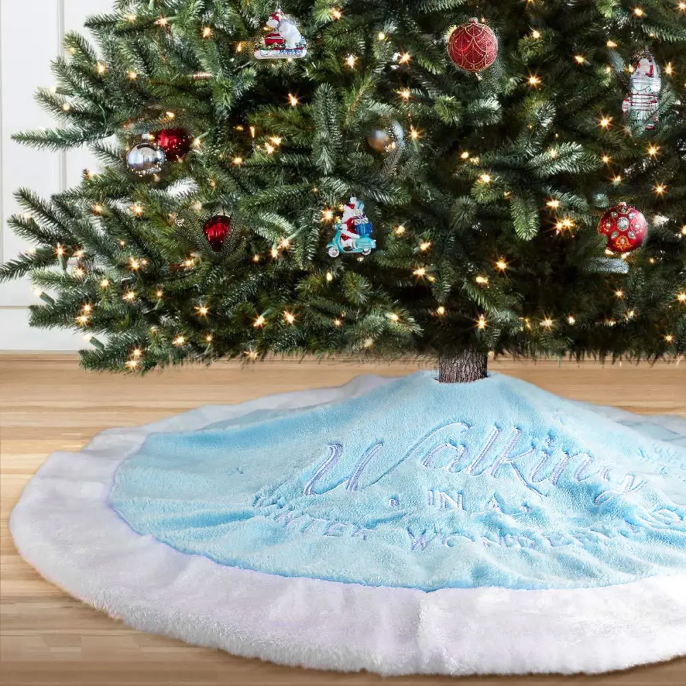 Christmas Decoration Blue Coral Velvet Embroidered Letters Snowflake Tree Skirt