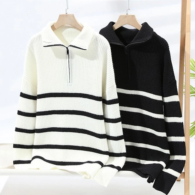 Lapel Fashion Sweater Striped Sweater