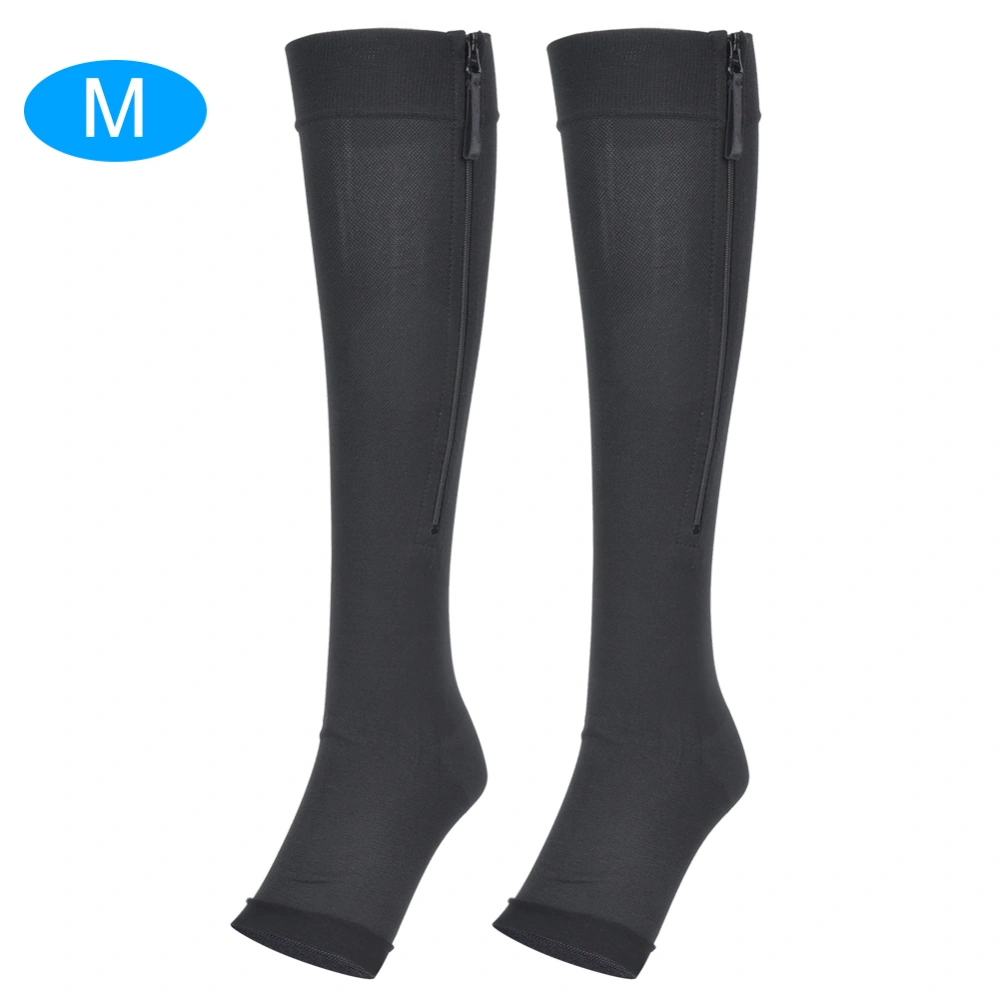 1Pair Sport Sectional Pressure Hosiery Body Shaping Knee High Calf Stocking Compression Elastic with Zipper Black(M )