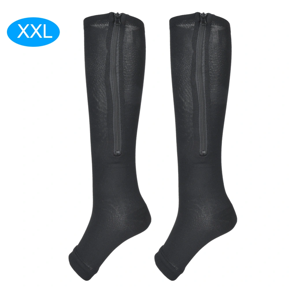 1Pair Zipper Mid Calf Length Sock Compression Stockings Slim Leggings Stretch Socks Open Toe(black XXL)