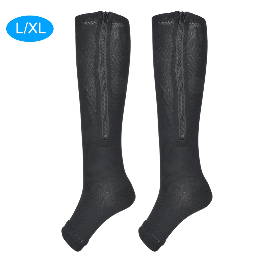 1Pair Zipper Mid Calf Length Sock Compression Stockings Slim Leggings Stretch Socks Open Toe(black l XL)