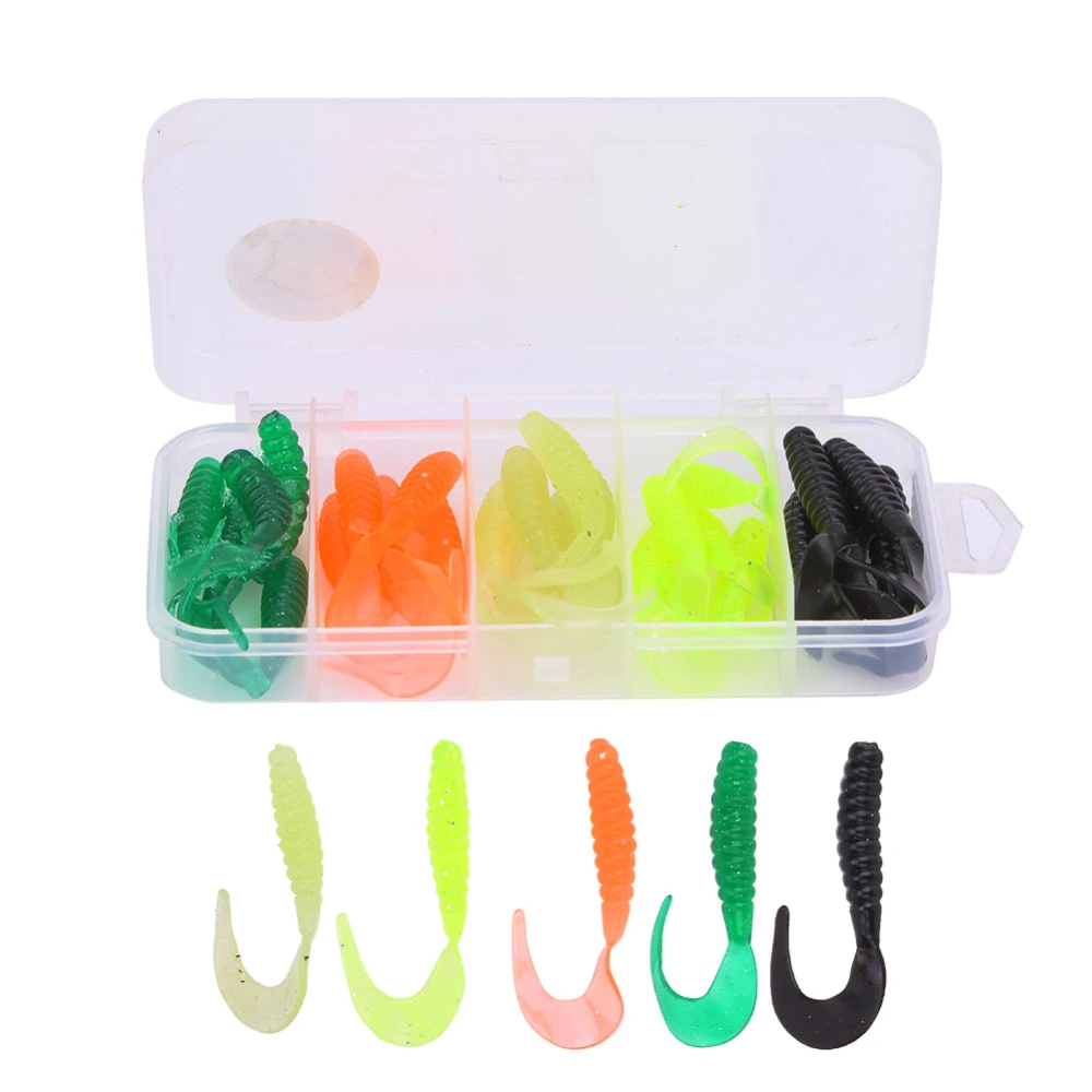 T0053 25PCS Soft Rubber Fishing Lures Grub Artificial Bait Swimming Worm Set Tool Accessory