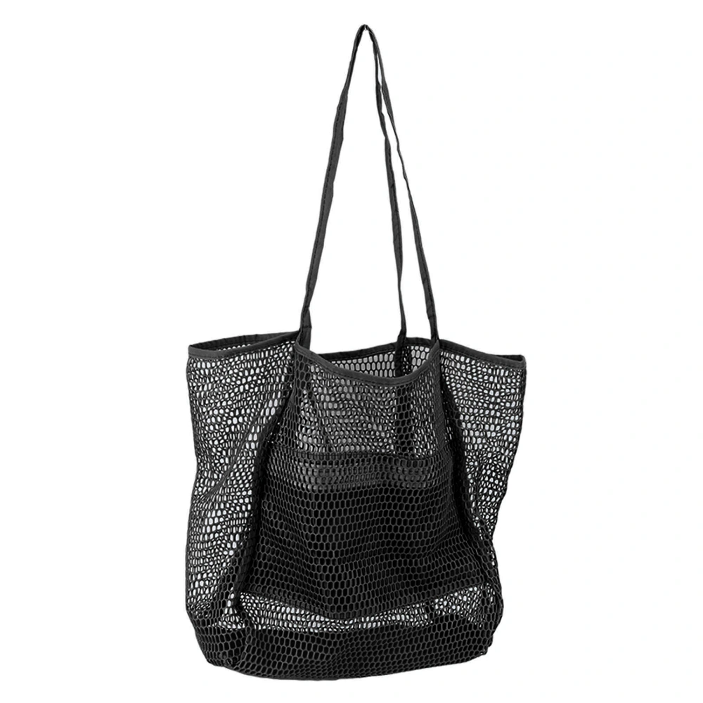 Mesh Beach Bag Simple Large Capacity Multi Pockets Zipper Closure Handwoven Beach Bag for Travel Outing Camping Black