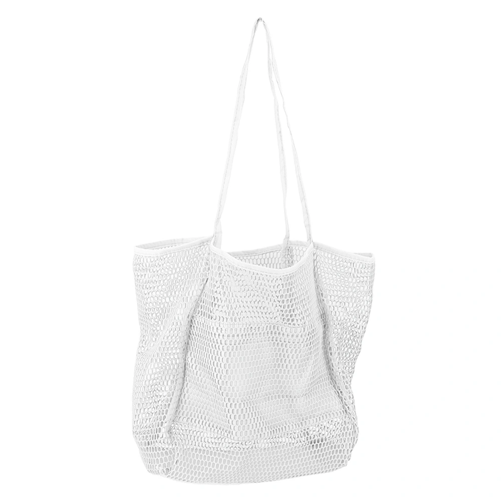 Mesh Beach Bag Simple Large Capacity Multi Pockets Zipper Closure Handwoven Beach Bag for Travel Outing Camping White