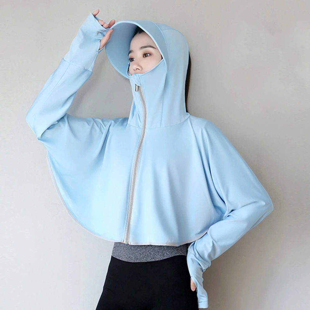 Ice Silk Sun Protection Hoodie Jacket Long Sleeve Sun Shirt with Mask Thumb Hole Outdoor Woman's Hooded Cooling Short Shirt with Long Brim Blue