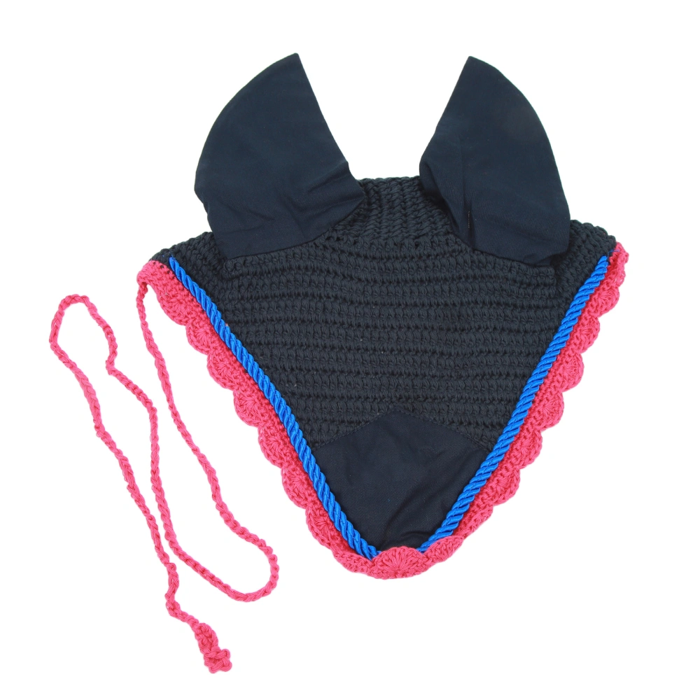 Horse Ear Net Crochet Bonnet with Ear Covers Sound Dampening Fly Protection for Sensitive Horses Black with Navy Blue Lace