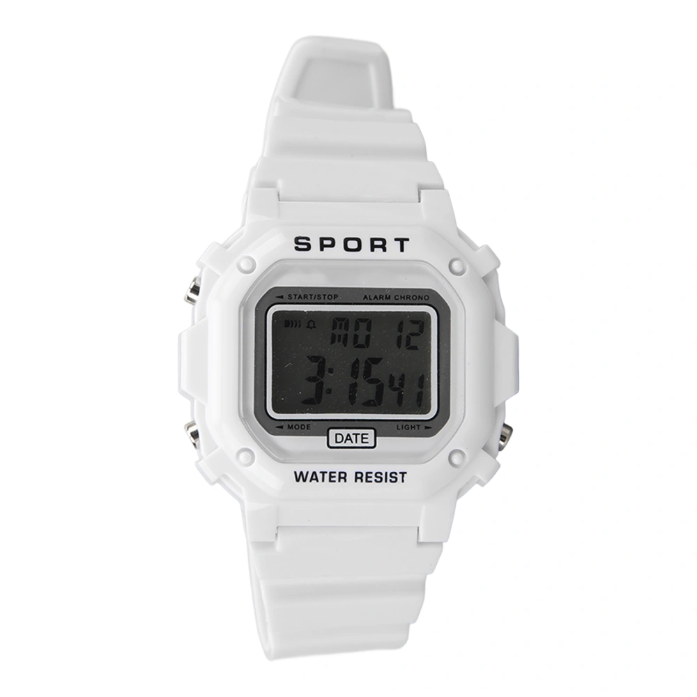 Sports Watch Nightlight Alarm 12 24 Hour System Waterproof Square Digital Watch for Students White