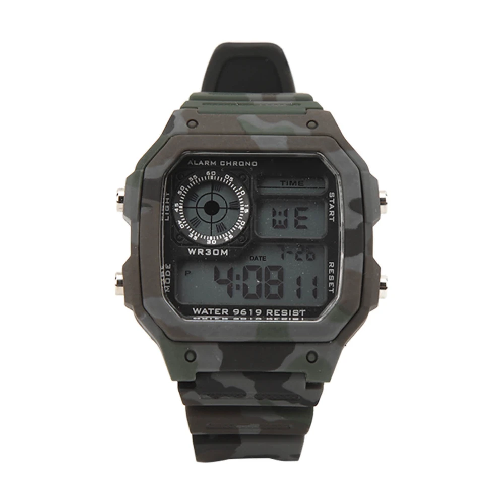 Digital Watch Multi Function Fashion Square Luminous Waterproof Outdoor Sports Chronograph Watch Camouflage Gray