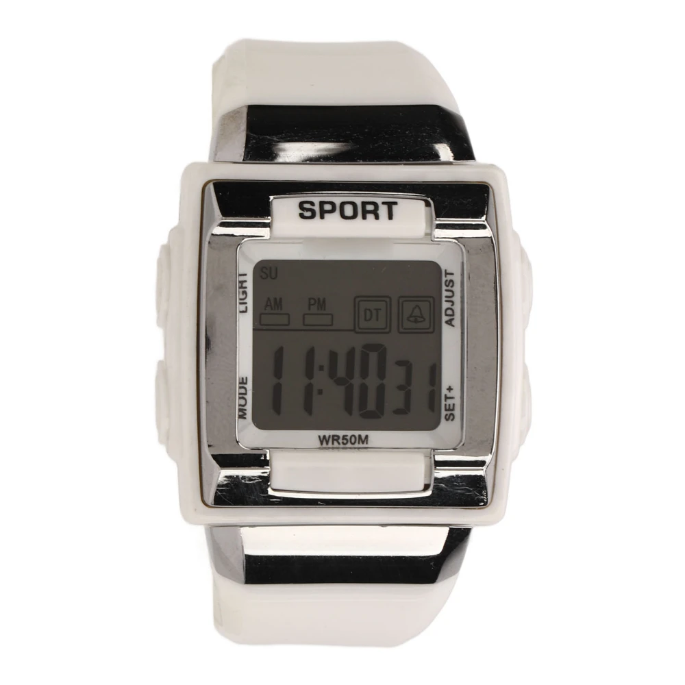 Digital Sports Watch Fashion Quadrate Waterproof Large Screen Luminous Electronic Watch for Daily Sports Swimming White