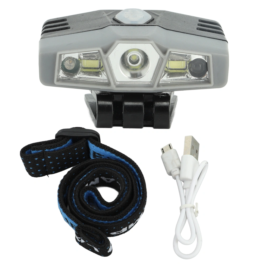 COB LED Headlamp High Brightness Dual Modes Waterproof Rechargeable Headlight with Motion Sensor for Outdoor Grey