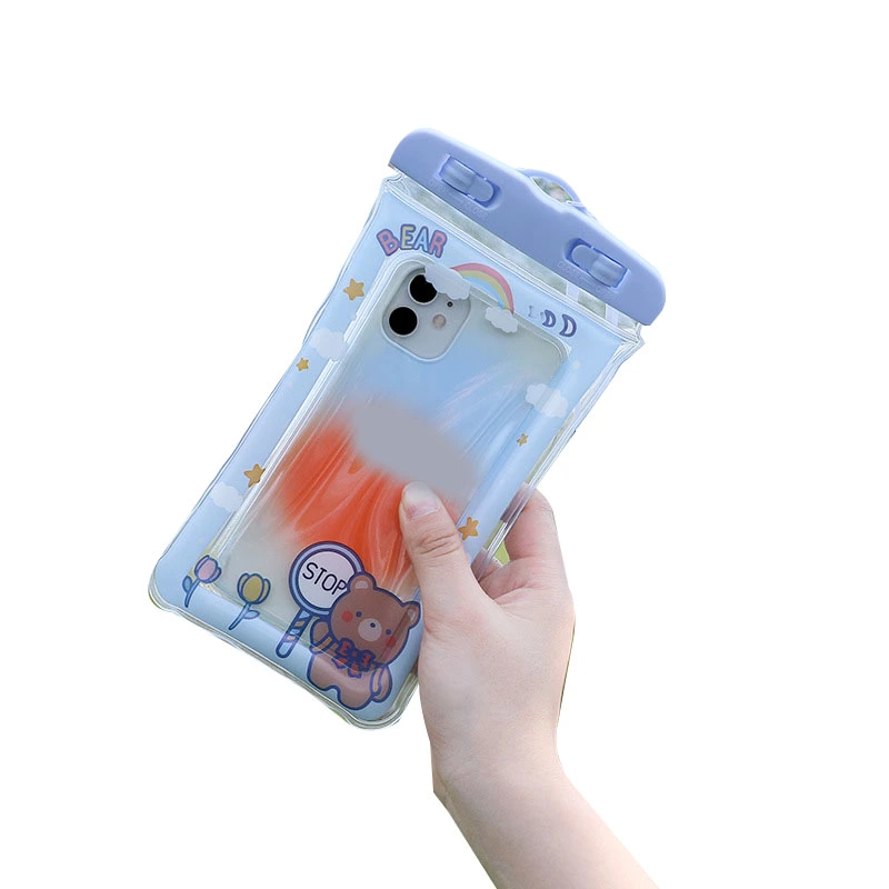 Waterproof Phone Pouch Cartoon Cute Sensitive Touch Transparent Phone Pouch with Lanyard for Drifting Swimming Diving Blue Brown Bear