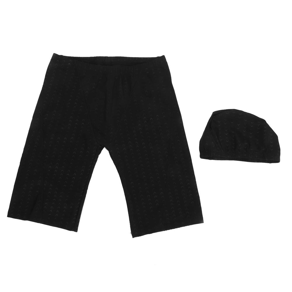 Men Swim Shorts and Cap Waterproof Adjustable Waist Strap Quick Drying Swimming Pants Black XL