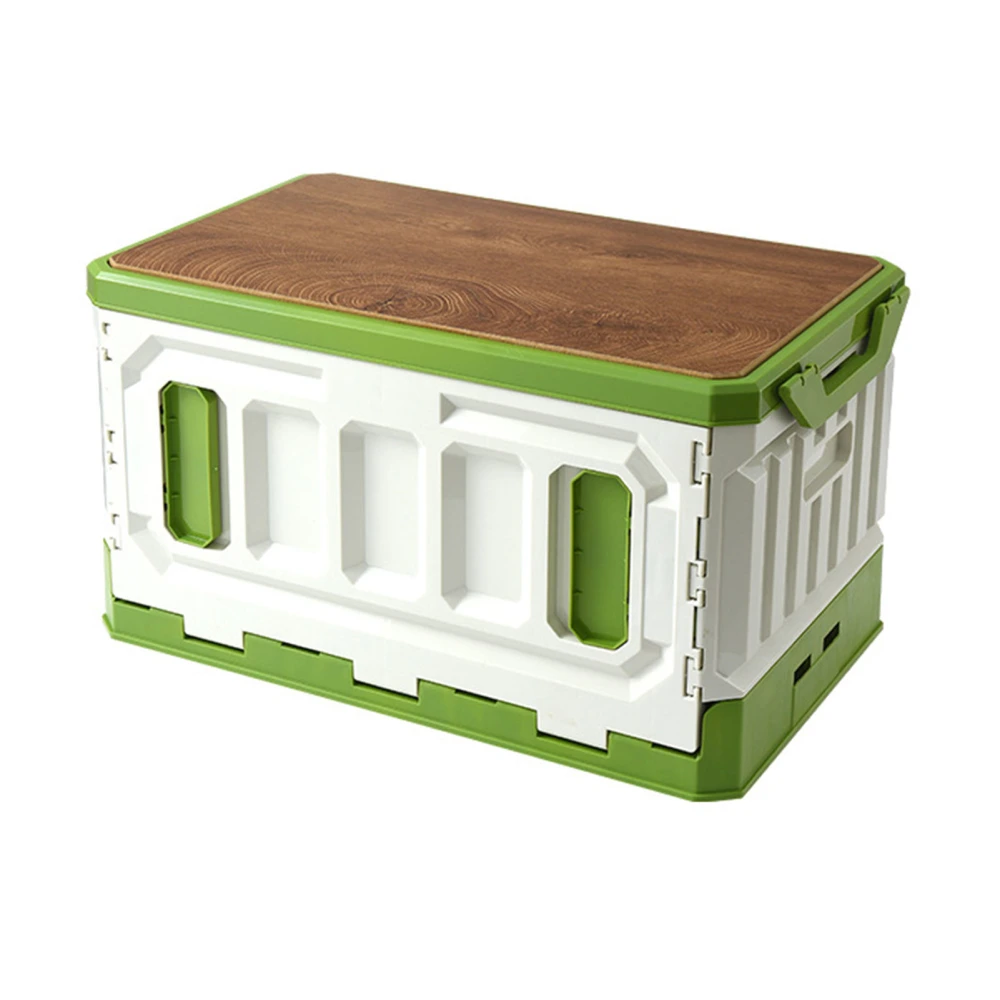 Camping Box Foldable Stackable Large Capacity 3 Layer Wood Cover Plastic Storage Bin 95L Green White