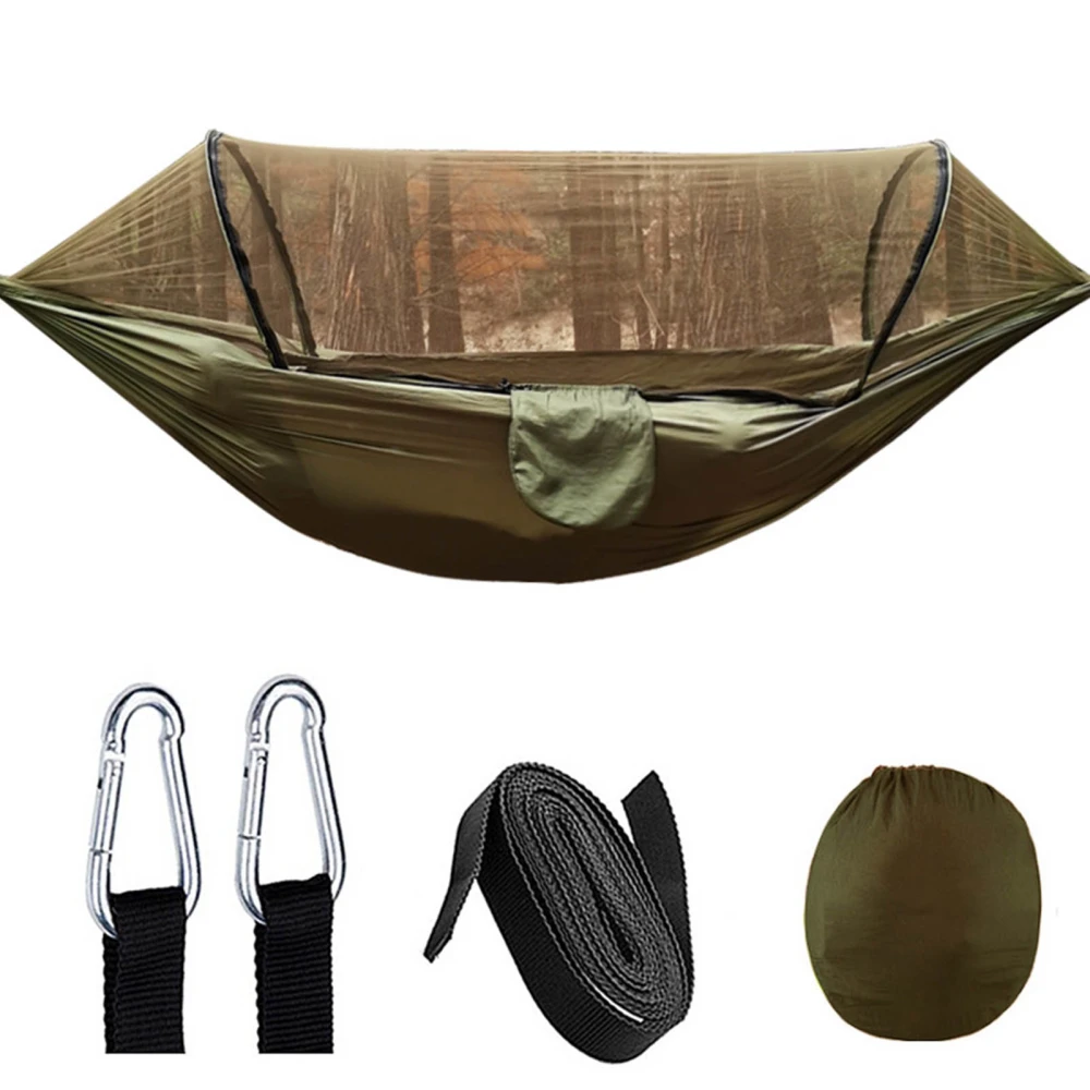 Camping Hammock with Net 210T Nylon Taffeta Automatic Quick Opening Hammock Tent for Outdoor 260x140cm/102x55in OD Green