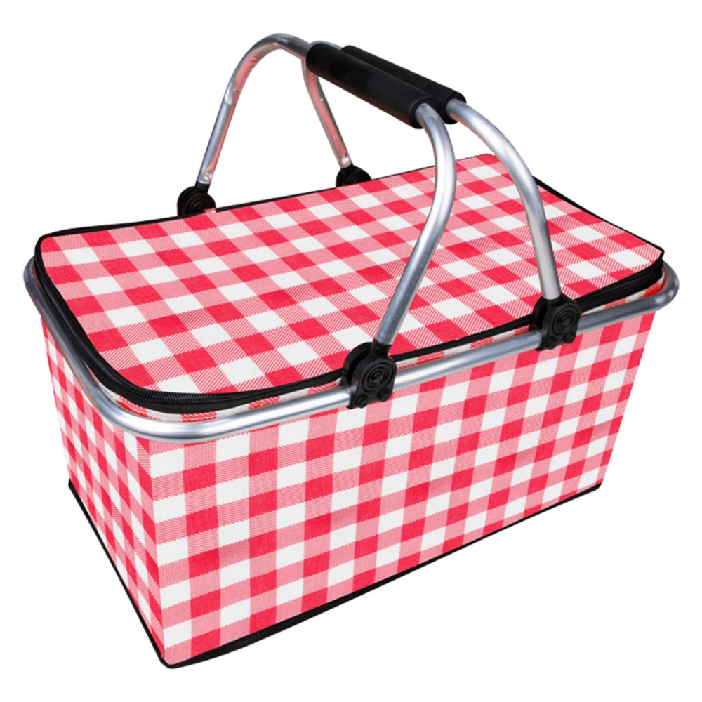 Picnic Basket Foldable Oxford Cloth Insulated Storage Basket with Check Pattern for Picnic Camping Red Ordinary