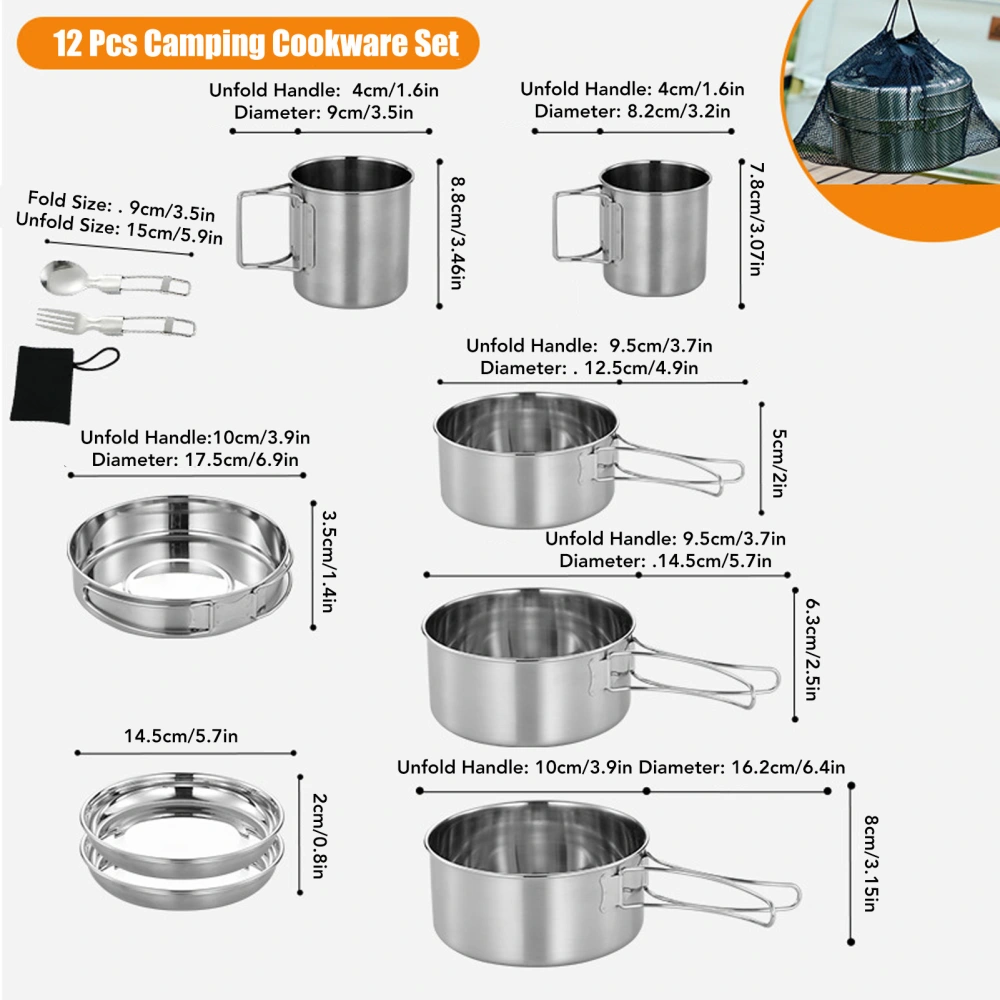 12 Pcs Camping Cookware Set Folding Handle 304 Stainless Steel Portable Picnic Cooking Pot Cup Set