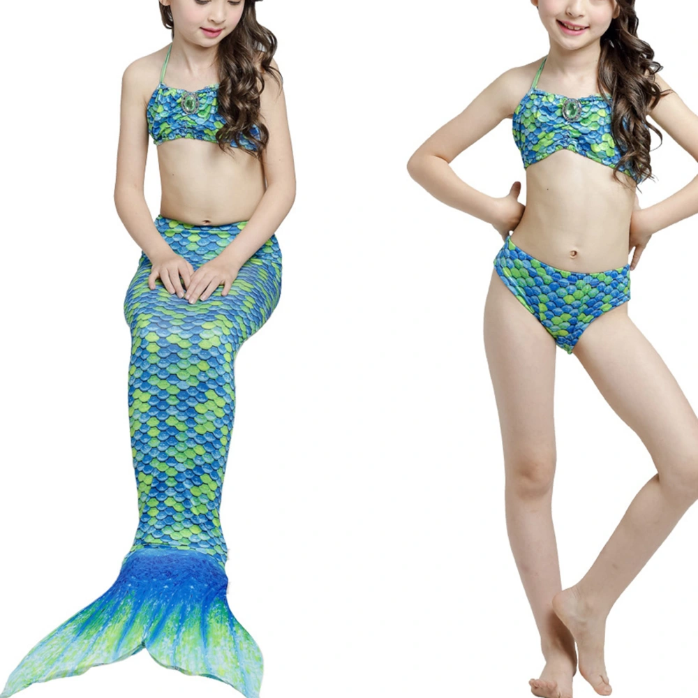 Girl Fish Tail Swimsuit Tie Halter Neck Slim Fit Soft Flexible Children 3 Piece Swimwear Set for Pool Party Beach Green 120cm/47.2in