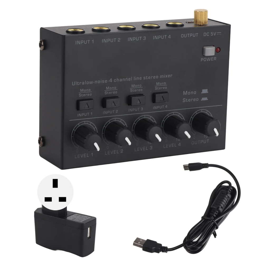 4 Channel Audio Mixer Line Mixer 4 Channel Headphone Amplifier for Home Studios Live Recording 100‑240V UK Plug