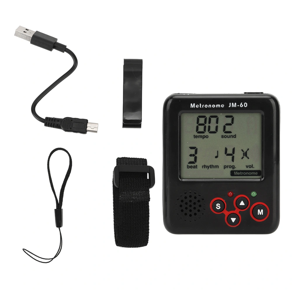 Black Digital LCD Mini Metronome Clip On USB Charging Small Metronome for Piano Violin Guitar