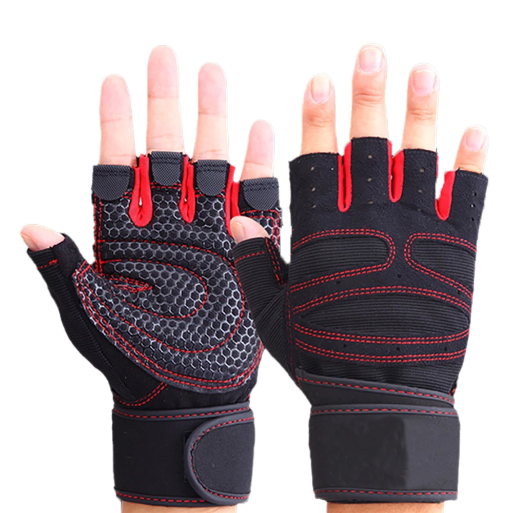 Fitness Gloves Prevent Slip Breathable Fingerless Men Women Workout Gloves with Wrist Wrap for Weightlifting Gym Red