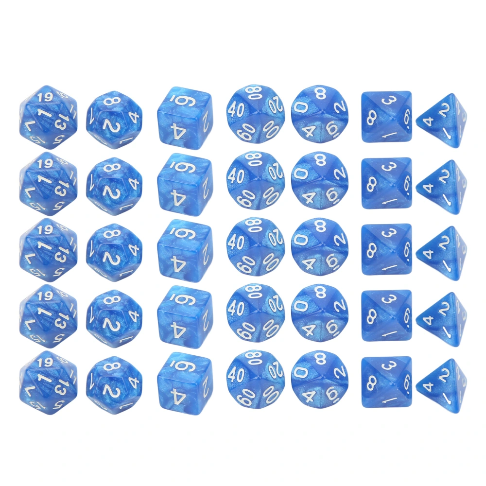 35Pcs Plastic Dice Kit Pearl Pattern White Numbers Polyhedral Dices for Game Desktop Education Blue