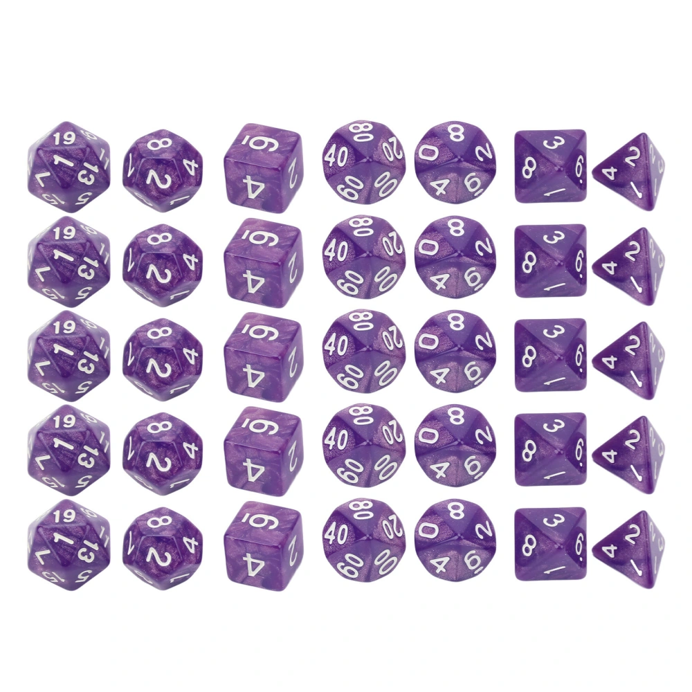 35Pcs Plastic Dice Kit Pearl Pattern White Numbers Polyhedral Dices for Game Desktop Education Purple