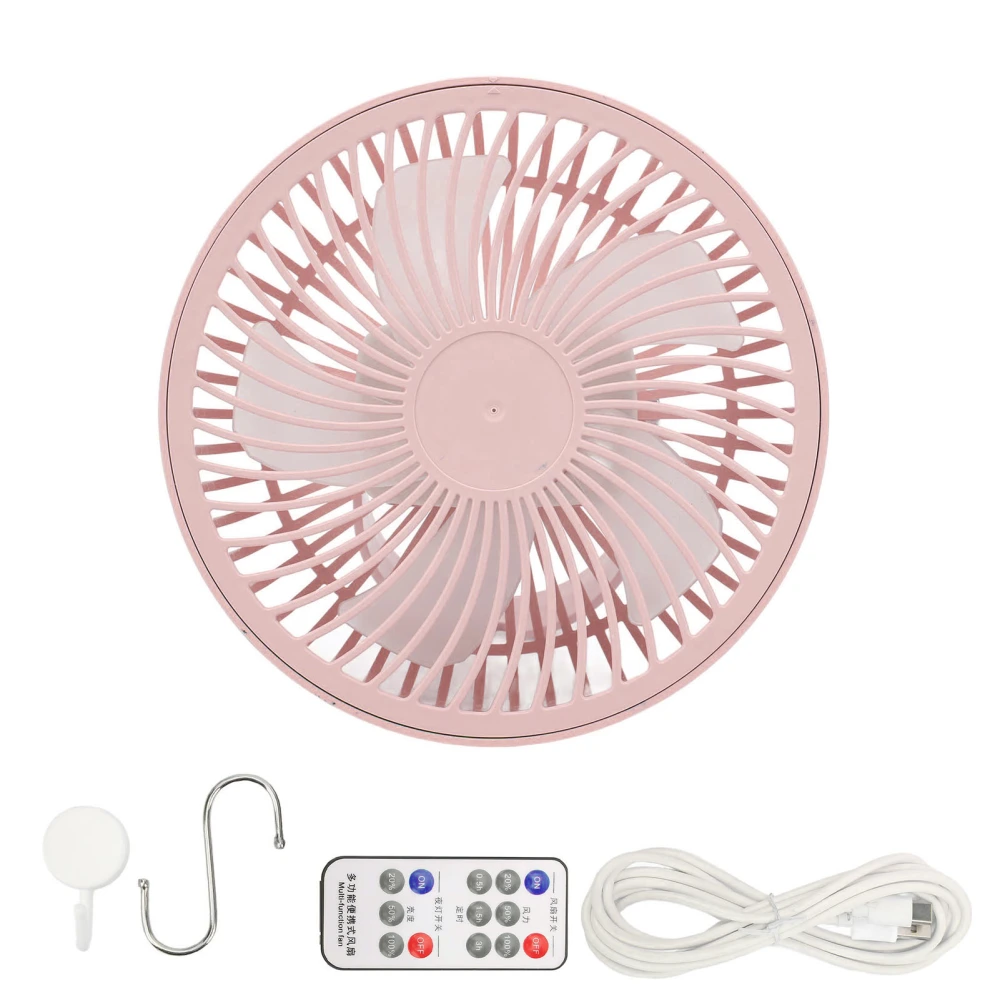 4 in 1 Camping Light Fan 3 Levels Adjustment Long Wind Distance Dense Grid Hanging Tent Fan with Remote Control 2 Hook Pink