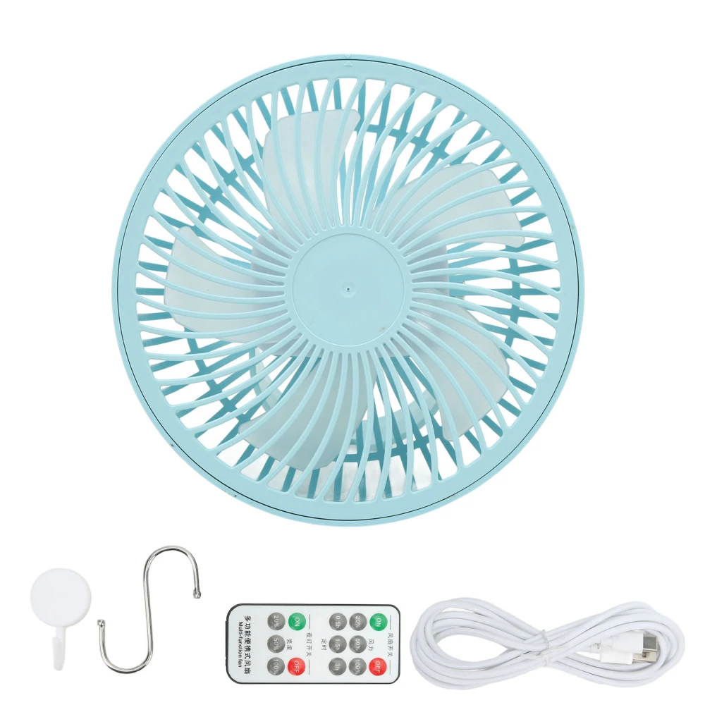 4 in 1 Camping Light Fan 3 Levels Adjustment Long Wind Distance Dense Grid Hanging Tent Fan with Remote Control 2 Hook Blue