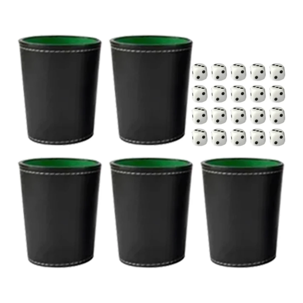 5Pcs PU Leather Dice Cup Set with 20 Dot Dices Exquisite Hand Feeling Black Shaking Box for Bar Home