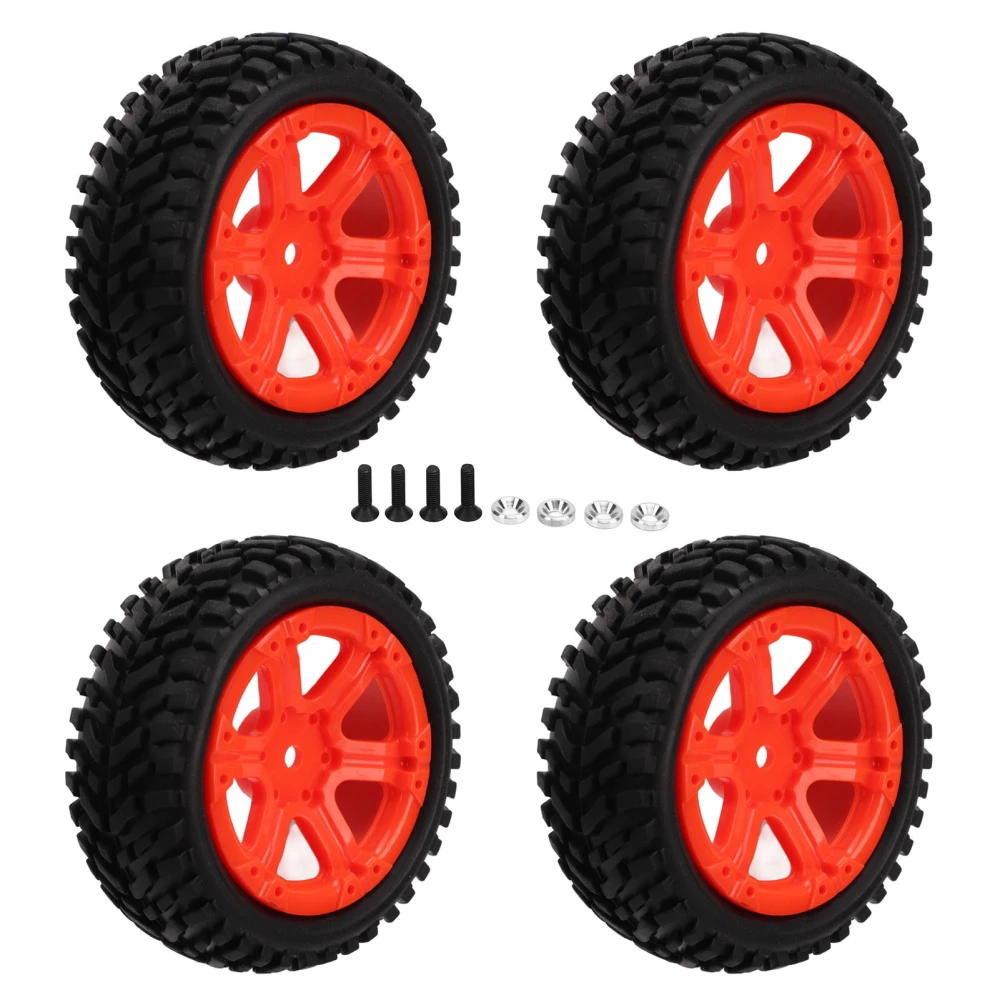 4PCS RC Rubber Tyre 12mm Hex Wheel Rims Rubber Tires Set RC Upgrade Replacement Tyres for 1/16 Scale RC Car Red