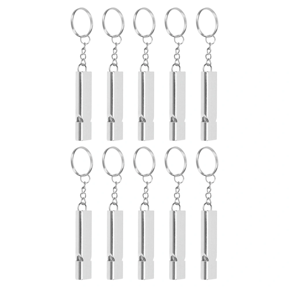 10Pcs Aluminum Alloy Emergency Survival Whistle Double Tube High Frequency Survival Whistle with Keychain Silver