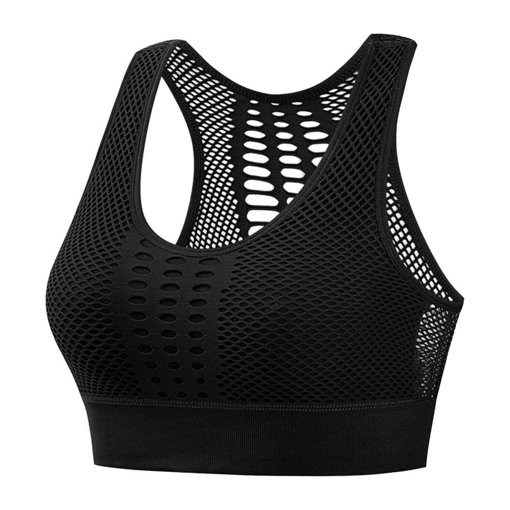 Women's Sports Bra Wirefree Soft Padded Yoga Bra Elastic Breathable Mesh Workout Top for Running Cycling Black Black XL