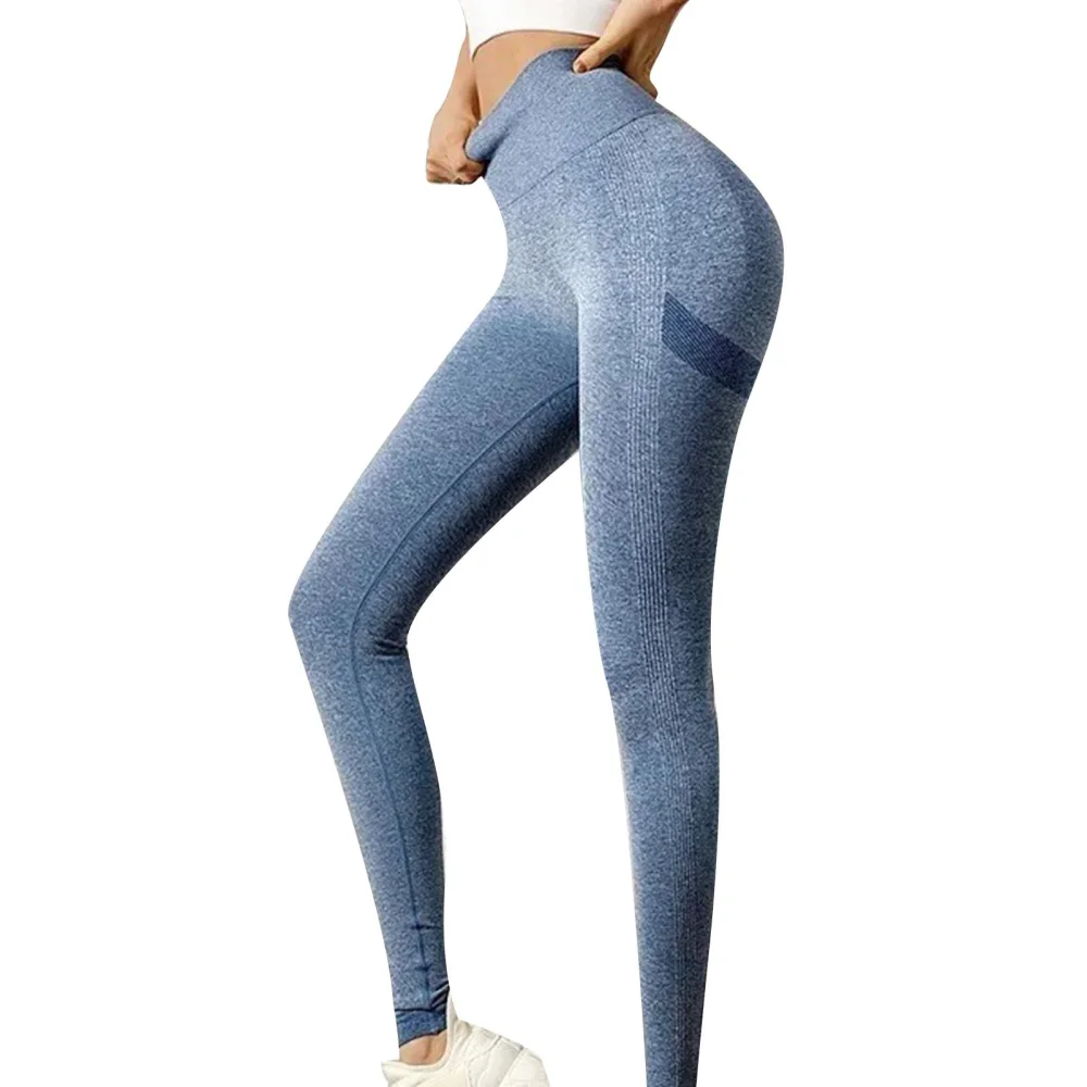 Yoga Pants Peach Hip Split Lines Butt Lifting Leggings Elastic Breathable Workout Tight Pants for Cycling Running Grey Blue L