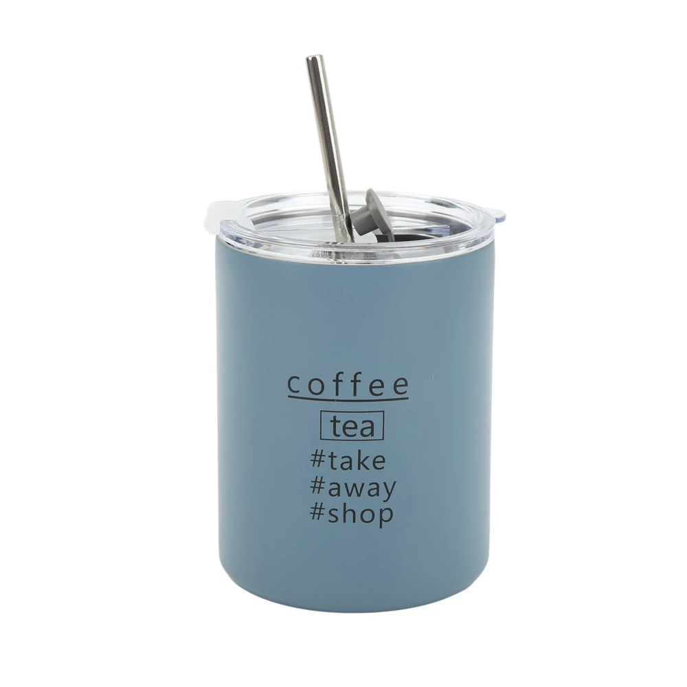 12oz 320ml Stainless Steel Coffee Cup Portable Insulated Coffee Travel Mug with Lid Straw Grey Blue