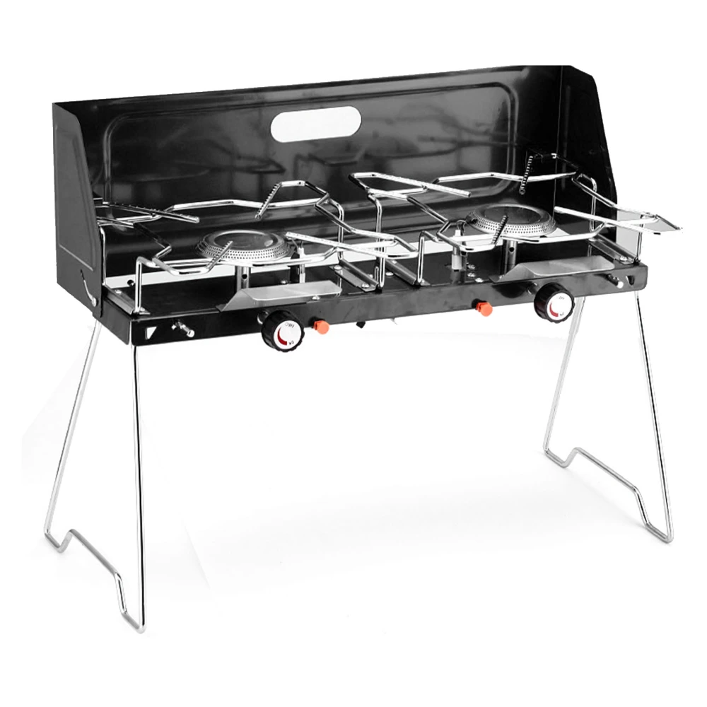 Double Burner Gas Stove Portable 2 Burner Outdoor Gas Stove with Foldable Legs Aluminum Alloy Camp Picnic Cooker Black