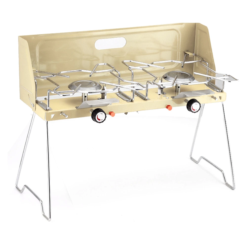 Double Burner Gas Stove Portable 2 Burner Outdoor Gas Stove with Foldable Legs Aluminum Alloy Camp Picnic Cooker Beige