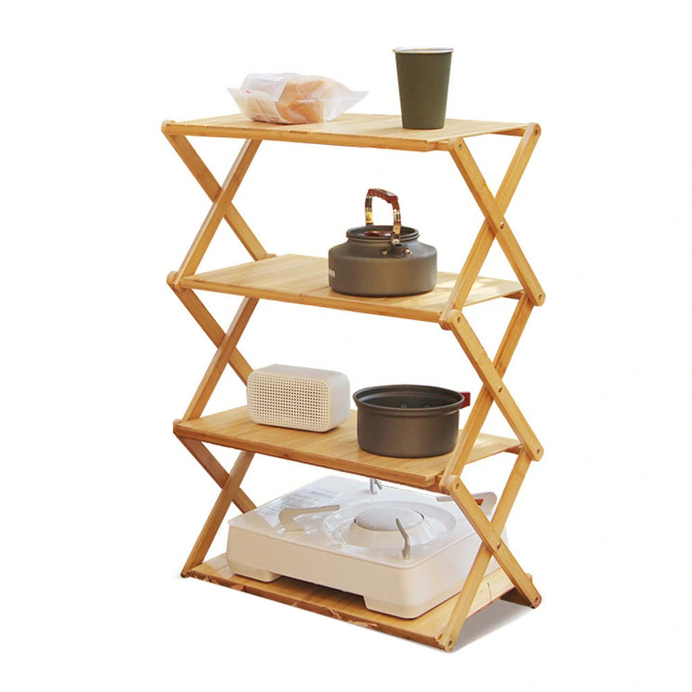 Foldable Wood Rack Bamboo Portable Strong Bearing Capacity Folding Wooden Shelf for Outdoor Picnic 4 Layer