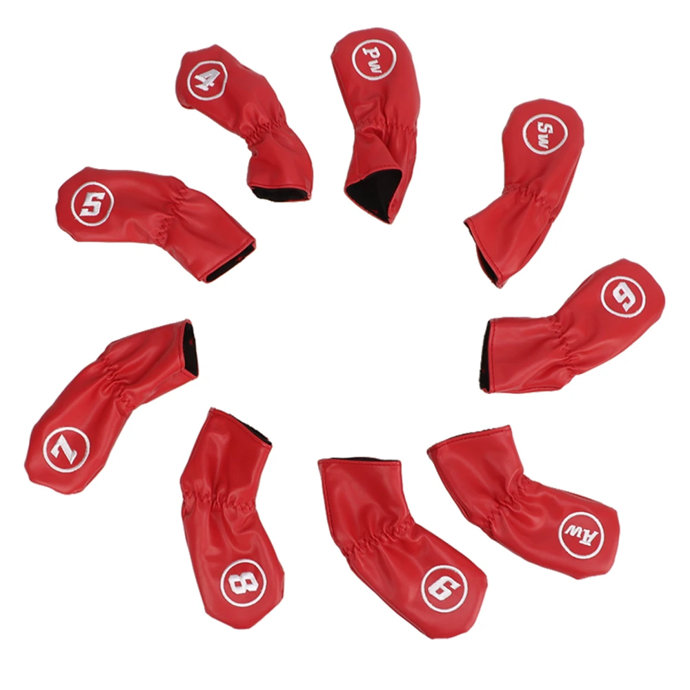 9Pcs Golf Iron Head Covers PU Waterproof Golf Club Headcovers for Right Left Handed Golfer Lovers Red