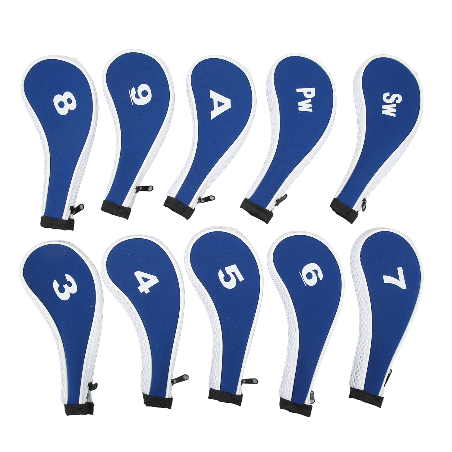 10pcs Golf Iron Head Cover with Number Printing Neoprene Zippered Golf Club Irons Covers Royal Blue White Zipper