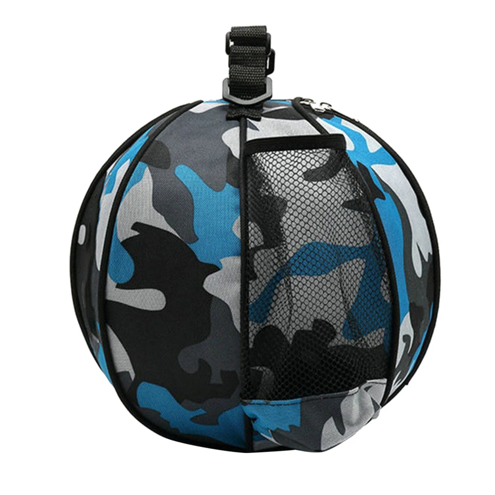 Round Basketball Bag Large Capacity Waterproof Oxford Cloth Outdoor Sports Basketball Bag with Elastic Mesh Pocket Camouflage Blue